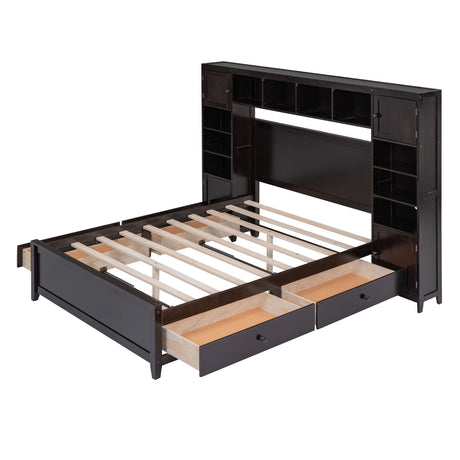 Full Size Wooden Bed With All-in-One Cabinet and Shelf, Espresso - Home Elegance USA