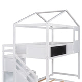 Twin over Full House Bunk Bed with Storage Staircase and Blackboard,White - Home Elegance USA