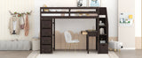 Twin size Loft Bed with Storage Drawers ,Desk and Stairs, Wooden Loft Bed with Shelves - Espresso - Home Elegance USA