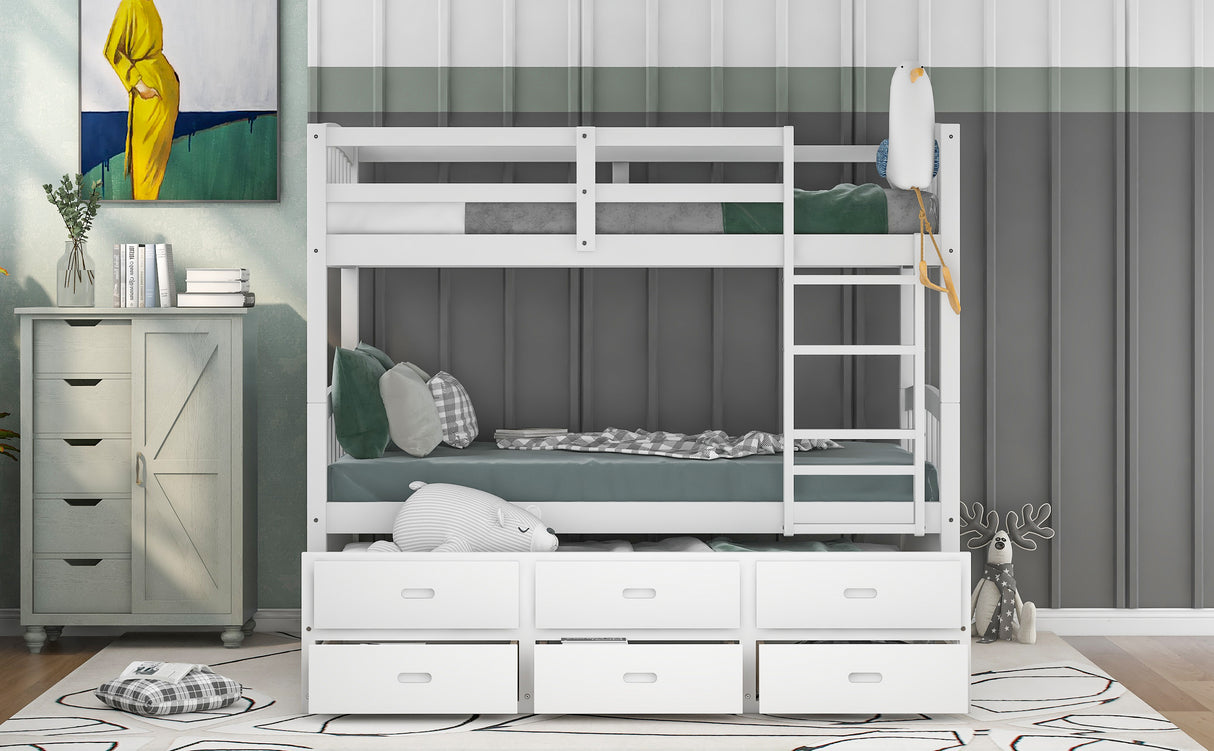 Twin over Twin Wood Bunk Bed with Trundle and Drawers,White - Home Elegance USA