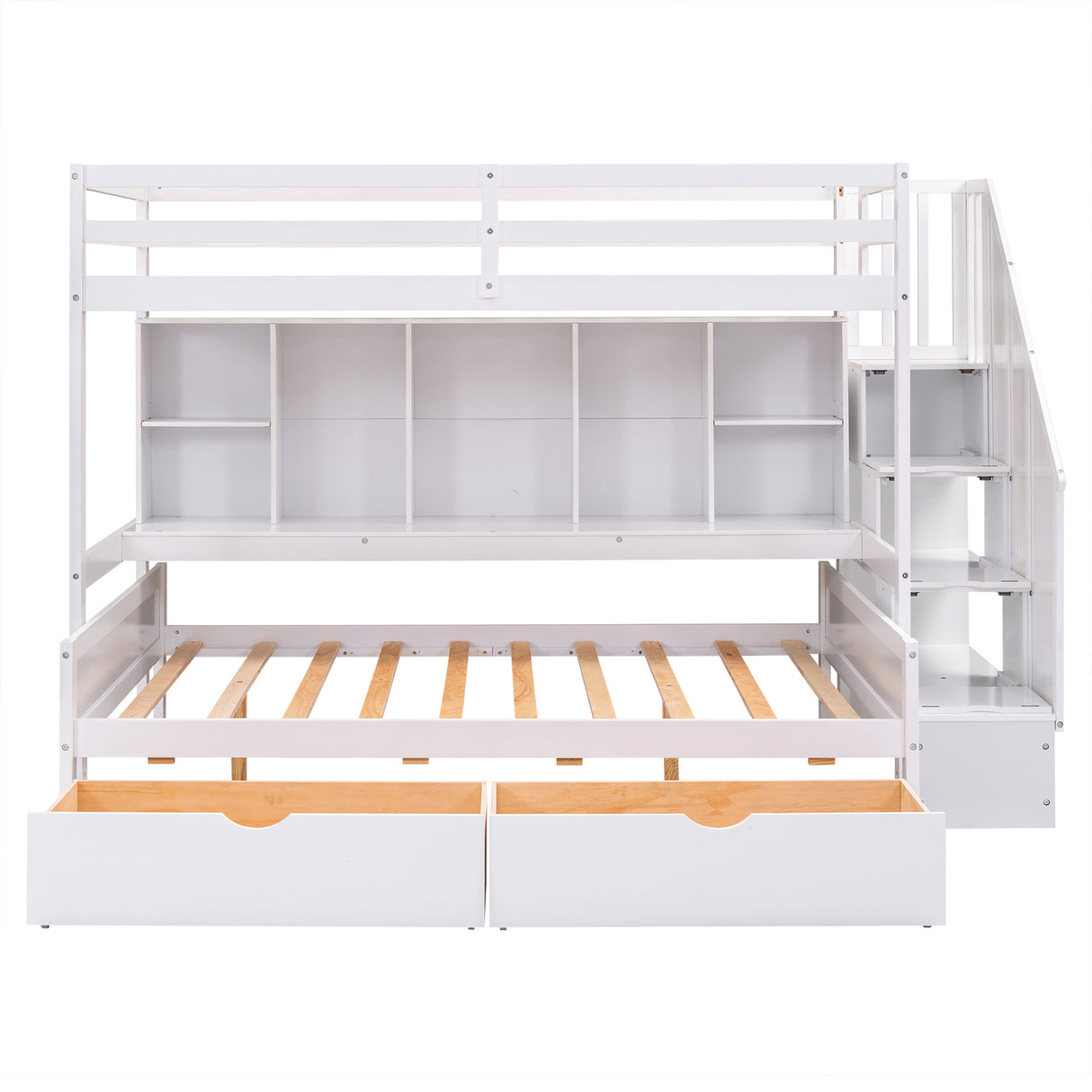 Twin XL over Full Bunk Bed with Built-in Storage Shelves, Drawers and Staircase,White - Home Elegance USA