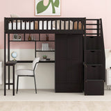 Twin size Loft Bed with Bookshelf,Drawers,Desk,and Wardrobe-Espresso - Home Elegance USA