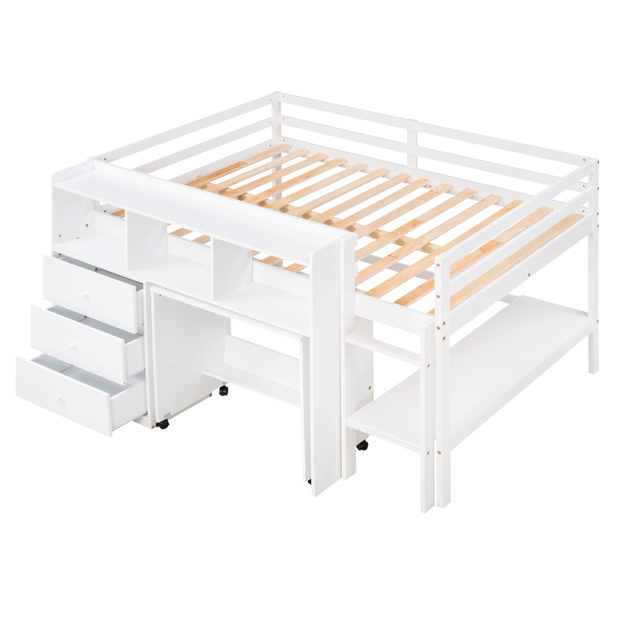 Full Size Low Loft Bed with Rolling Portable Desk, Drawers and Shelves,  White - Home Elegance USA