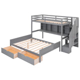 Twin XL over Full Bunk Bed with Built-in Storage Shelves, Drawers and Staircase,Gray - Home Elegance USA