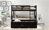 Twin over Twin Wood Bunk Bed with Trundle and Drawers, Espresso - Home Elegance USA