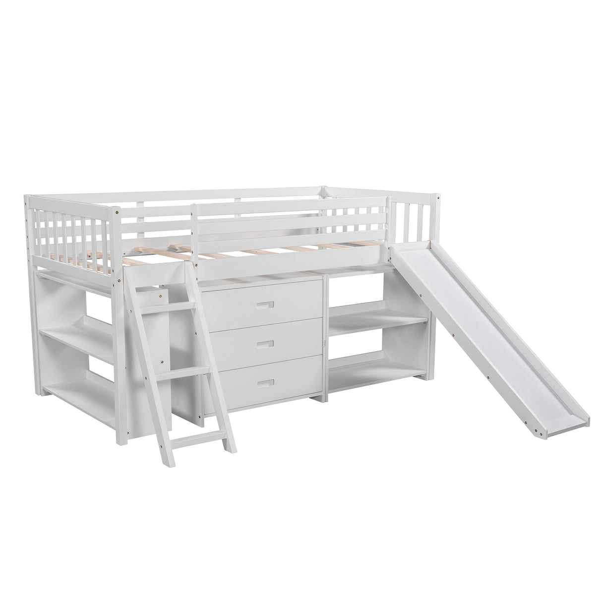 Low Loft Bed with Attached Bookcases and Separate 3-tier Drawers,Convertible Ladder and Slide,Twin,White - Home Elegance USA