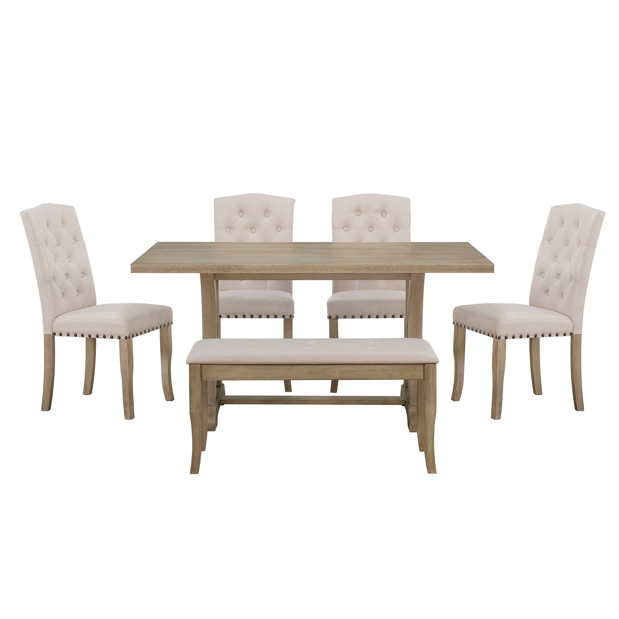 TREXM 6-Piece Farmhouse Dining Table Set, Rectangular Trestle Table and 4 Upholstered Chairs & Bench for Dining Room (Natural Wood Wash) - Home Elegance USA