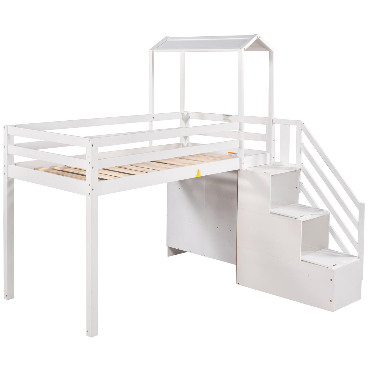 Twin over Full House Roof Bunk Bed with Staircase and Shelves, White - Home Elegance USA