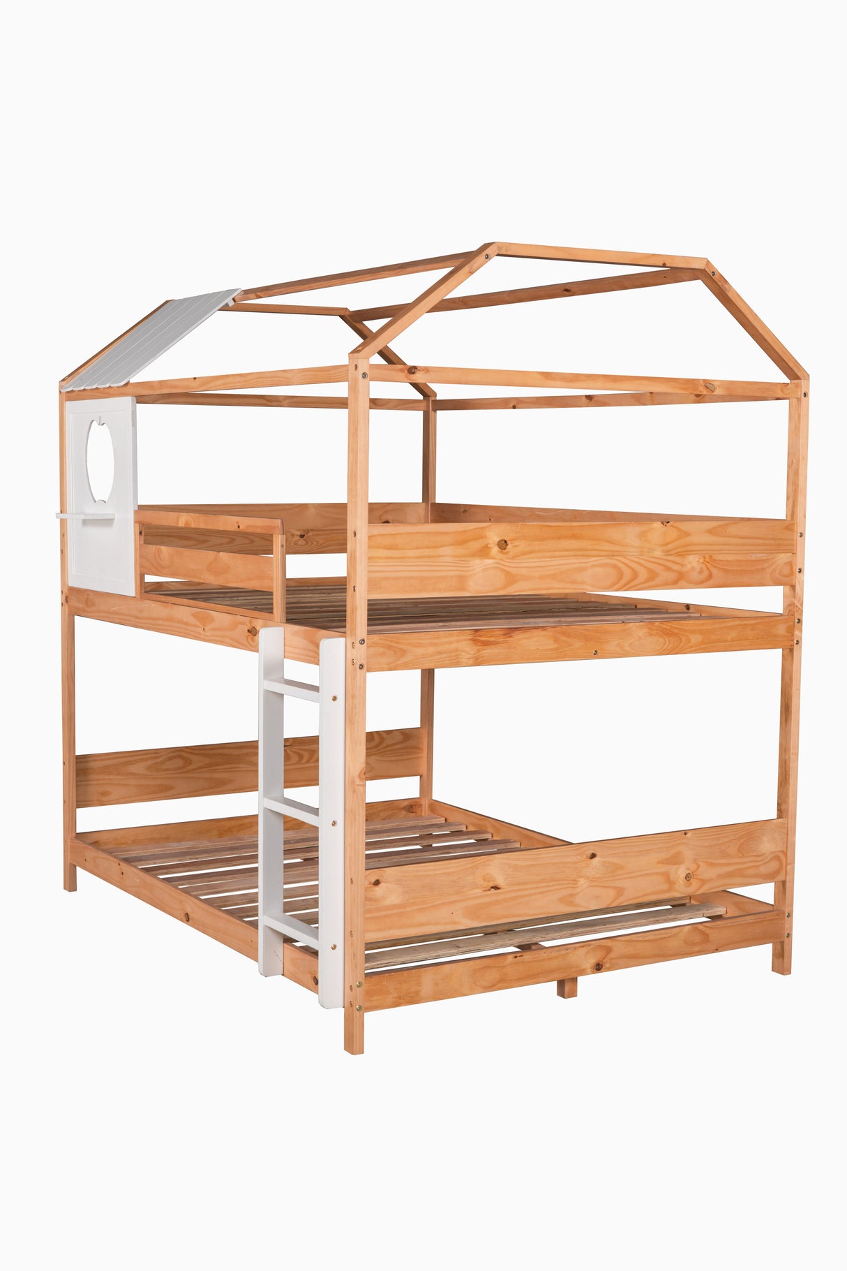 Full over Full Size House Bunk Bed with Window and Little Shelf,Full-Length Guardrail,Natural - Home Elegance USA