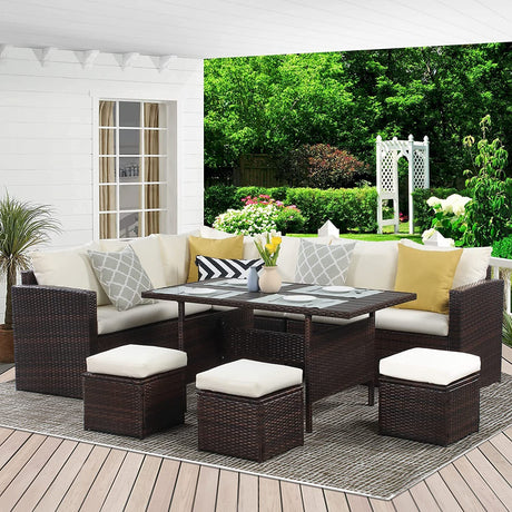 7 - Pieces PE Rattan Wicker Patio Dining Sectional Cusions Sofa Set with Ivory cushions - B082S00022 - image - 1