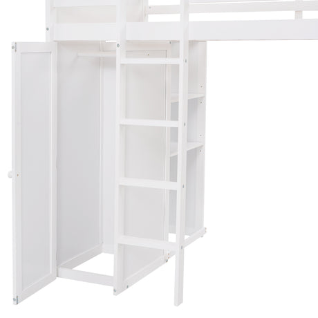 Twin size Loft Bed with a Stand-alone bed, Shelves,Desk,and Wardrobe-White - Home Elegance USA