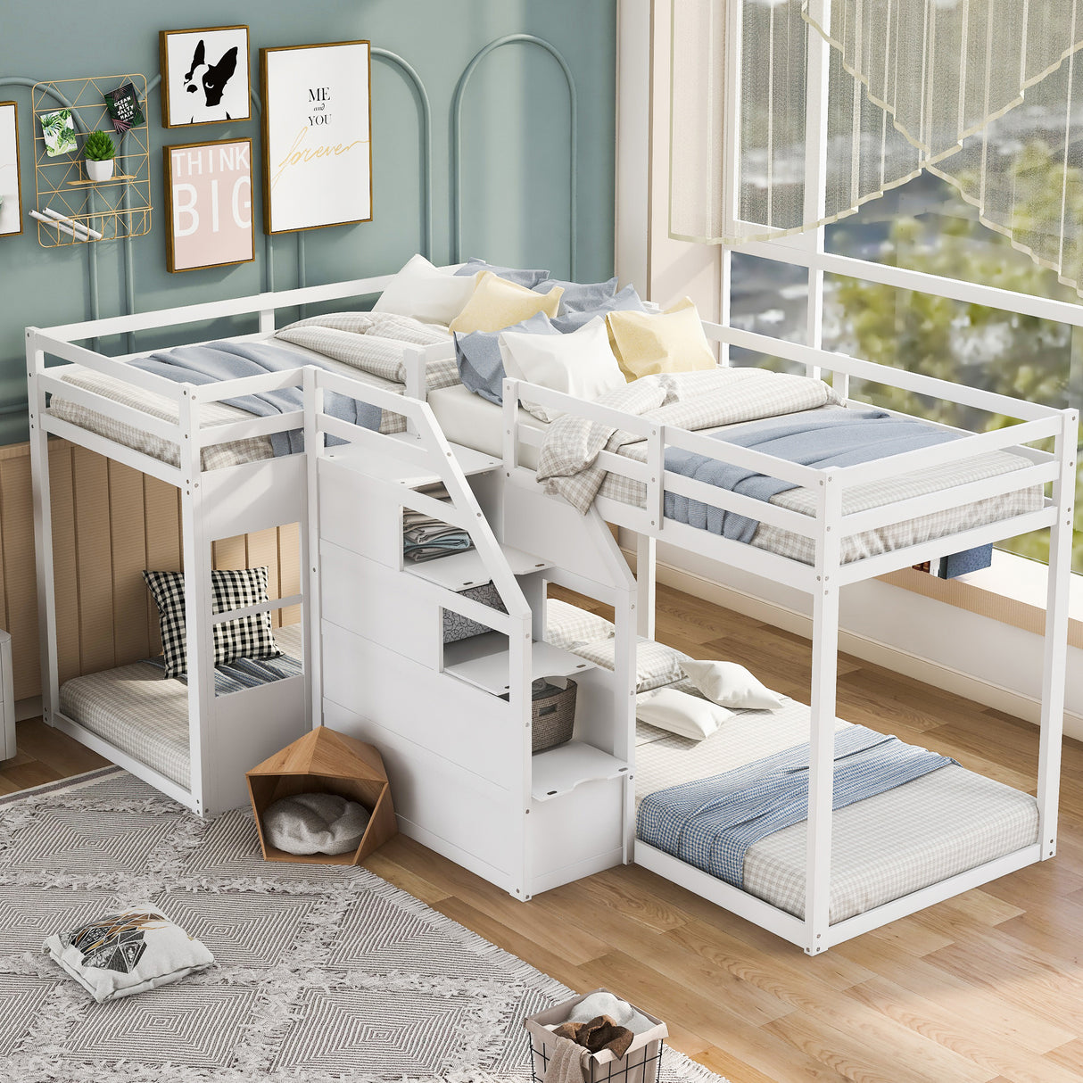 Twin over Twin L-Shaped Bunk Bed with Built-in Middle Staircase,White - Home Elegance USA