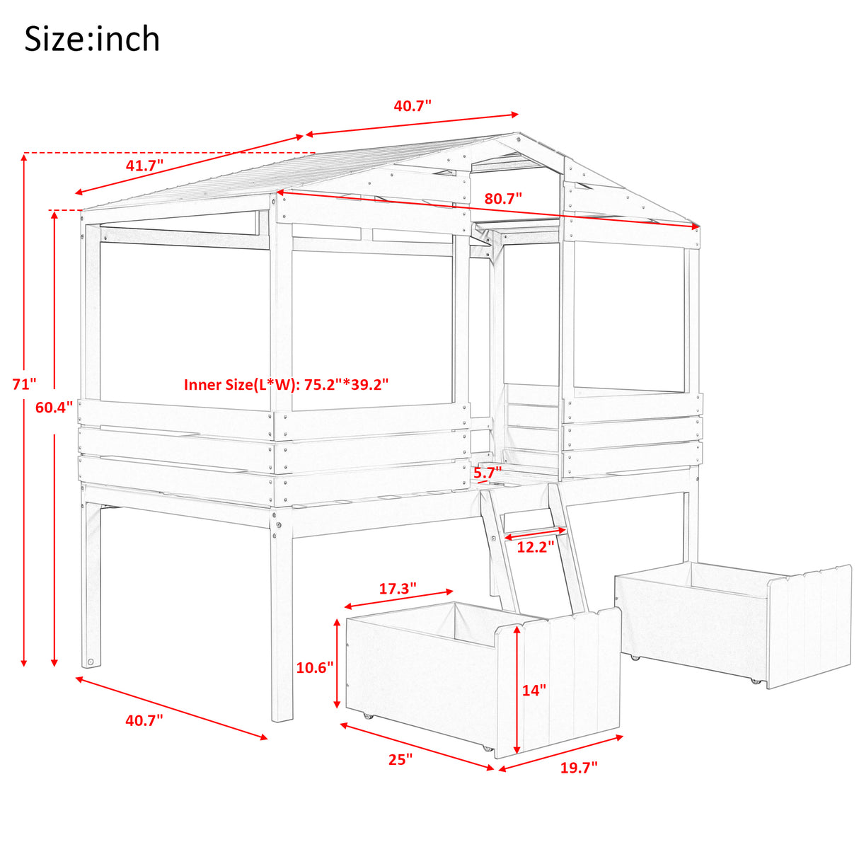 Twin Size Low Loft Wood House Bed with Two Drawers, Walnut - Home Elegance USA