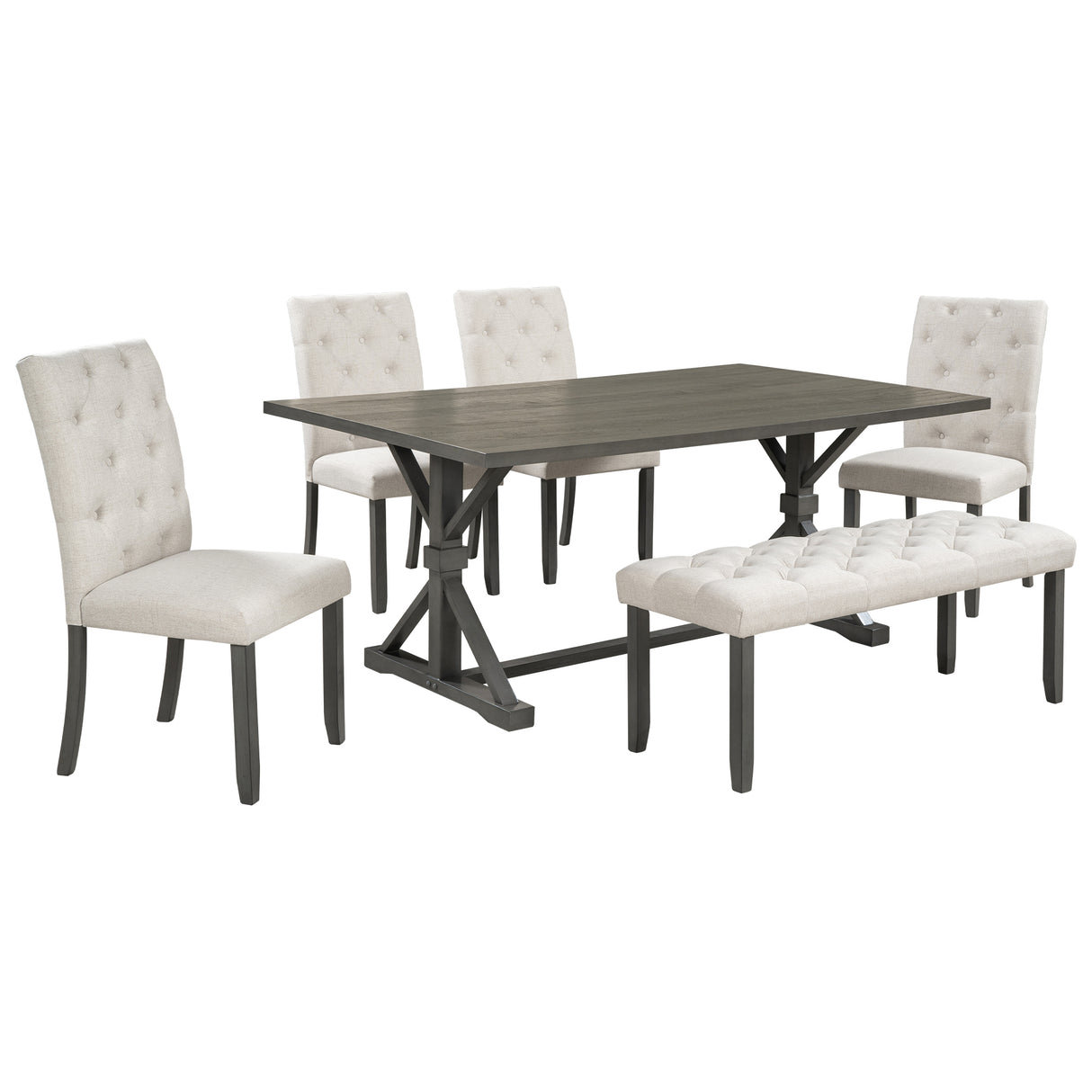 TREXM 6-Piece Farmhouse Dining Table Set 72" Wood Rectangular Table, 4 Upholstered Chairs with Bench (Gray) - Home Elegance USA