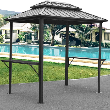 8' × 6' Grill Gazebo | Aluminum BBQ Metal Frame with Shelves & Serving Tables | Permanent Double Roof Hardtop for Patio, Lawn & Backyard – Grey