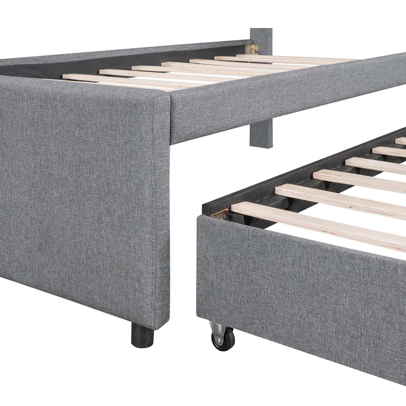 Twin Size Upholstered Platform Bed with Pull-out Twin Size Trundle and 3 Drawers, Gray - Home Elegance USA