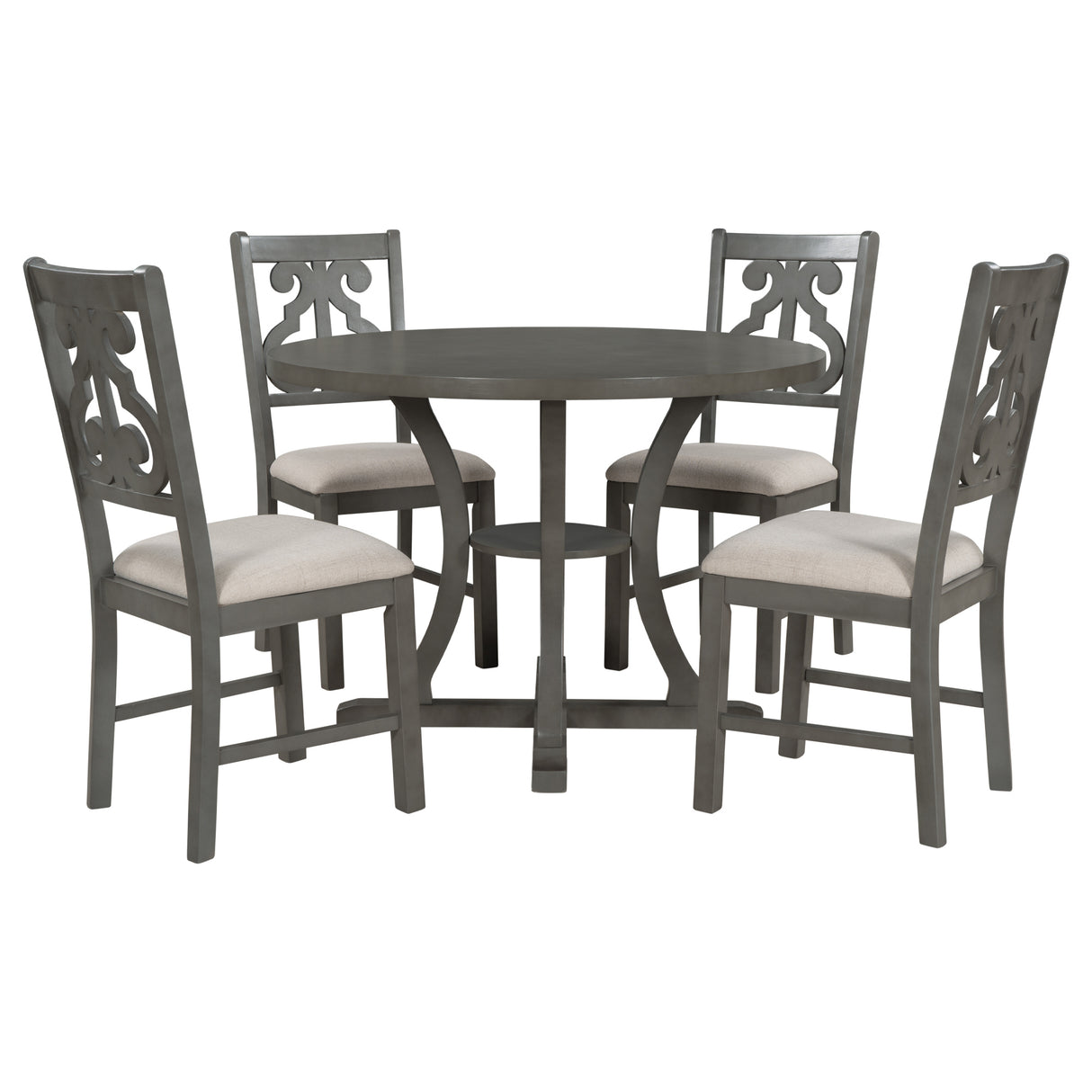 TREXM 5-Piece Round Dining Table and Chair Set with Special-shaped Legs and an Exquisitely Designed Hollow Chair Back for Dining Room (Gray) - Home Elegance USA