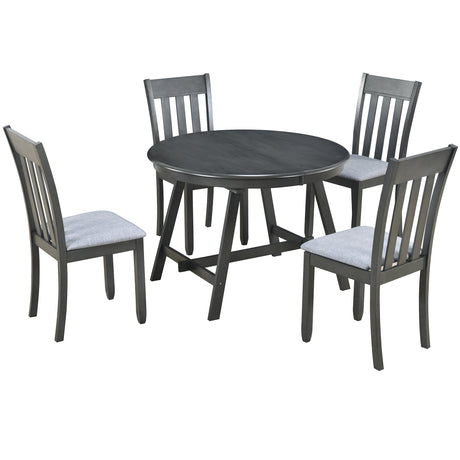 TREXM 5-Piece Wood Dining Table Set Round Extendable Dining Table with 4 Dining Chairs, Dining Room Table Set for 4 person for Dining Room
