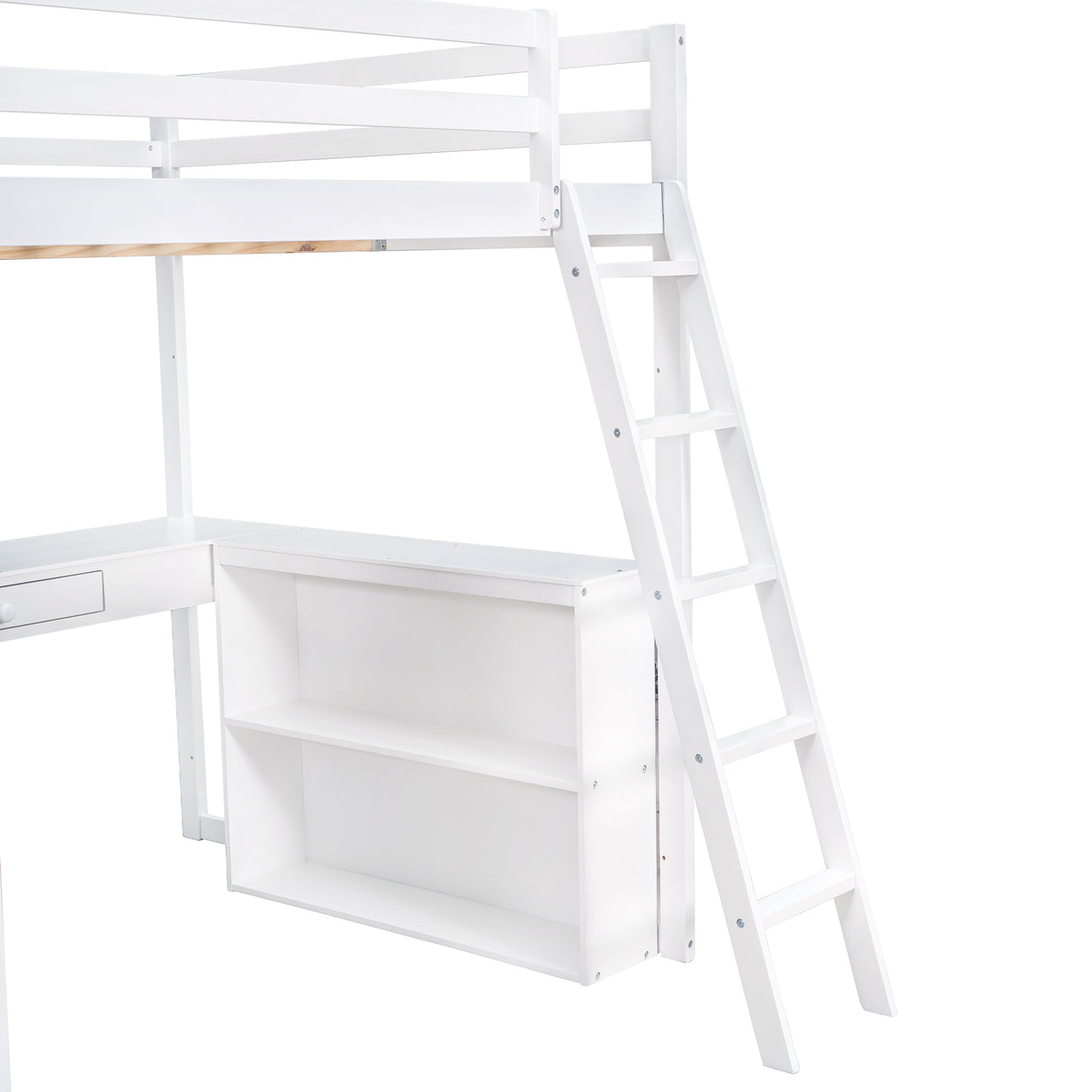 Full Size Loft Bed with Ladder, Shelves, and Desk, White - Home Elegance USA