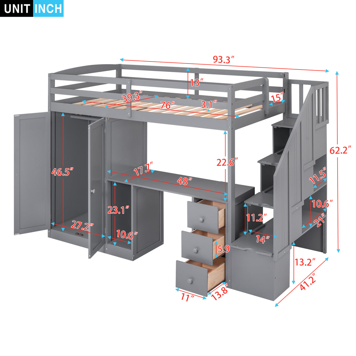 Twin Size Loft Bed with Wardrobe and Staircase, Desk and Storage Drawers and Cabinet in 1,Gray - Home Elegance USA