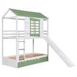 Twin over Twin Size House Bunk Bed with Convertible Slide and Trundle, White+Green - Home Elegance USA