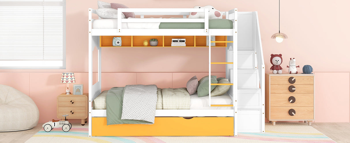 Full Over Full Bunk Bed with Trundle ,Stairs,Ladders Solid Wood Bunk bed with Storage Cabinet （White + Yellow） - Home Elegance USA