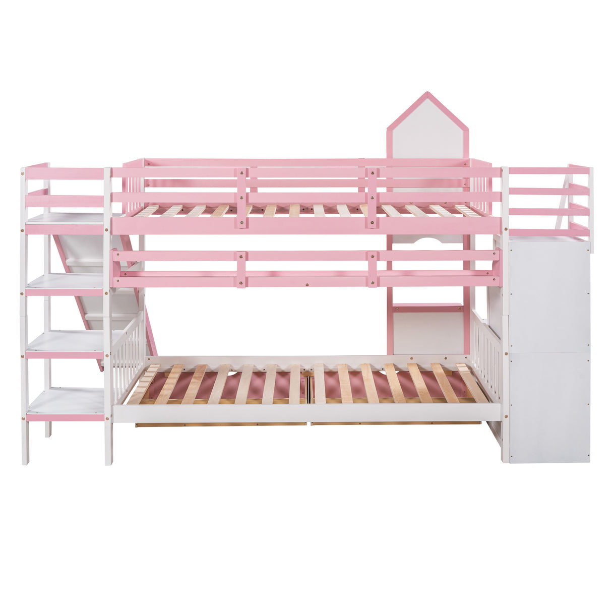 Twin-Over-Twin Castle Style Bunk Bed with 2 Drawers 3 Shelves and Slide - Pink