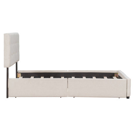 Upholstered Platform Bed with Classic Headboard and 4 Drawers, No Box Spring Needed, Linen Fabric, Queen Size Beige(OLD SKU :LP000114AAA)