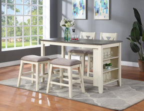 Modern Contemporary 5pc Counter Height High Dining Table w Storage Shelves High Chairs And Stools Wooden Kitchen Breakfast Table Dining Room Furniture
