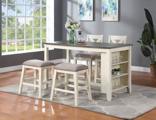 Modern Contemporary 5pc Counter Height High Dining Table w Storage Shelves High Chairs And Stools Wooden Kitchen Breakfast Table Dining Room Furniture - Home Elegance USA
