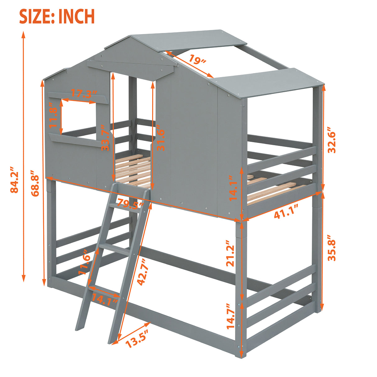 Twin Over Twin House Bunk Bed With Ladder, Wood Bed-Gray - Home Elegance USA