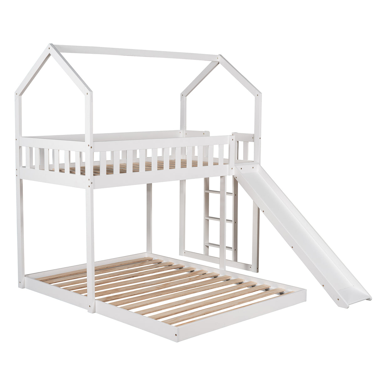 Twin over Full House Bunk Bed with Slide and Built-in Ladder,Full-Length Guardrail,White - Home Elegance USA