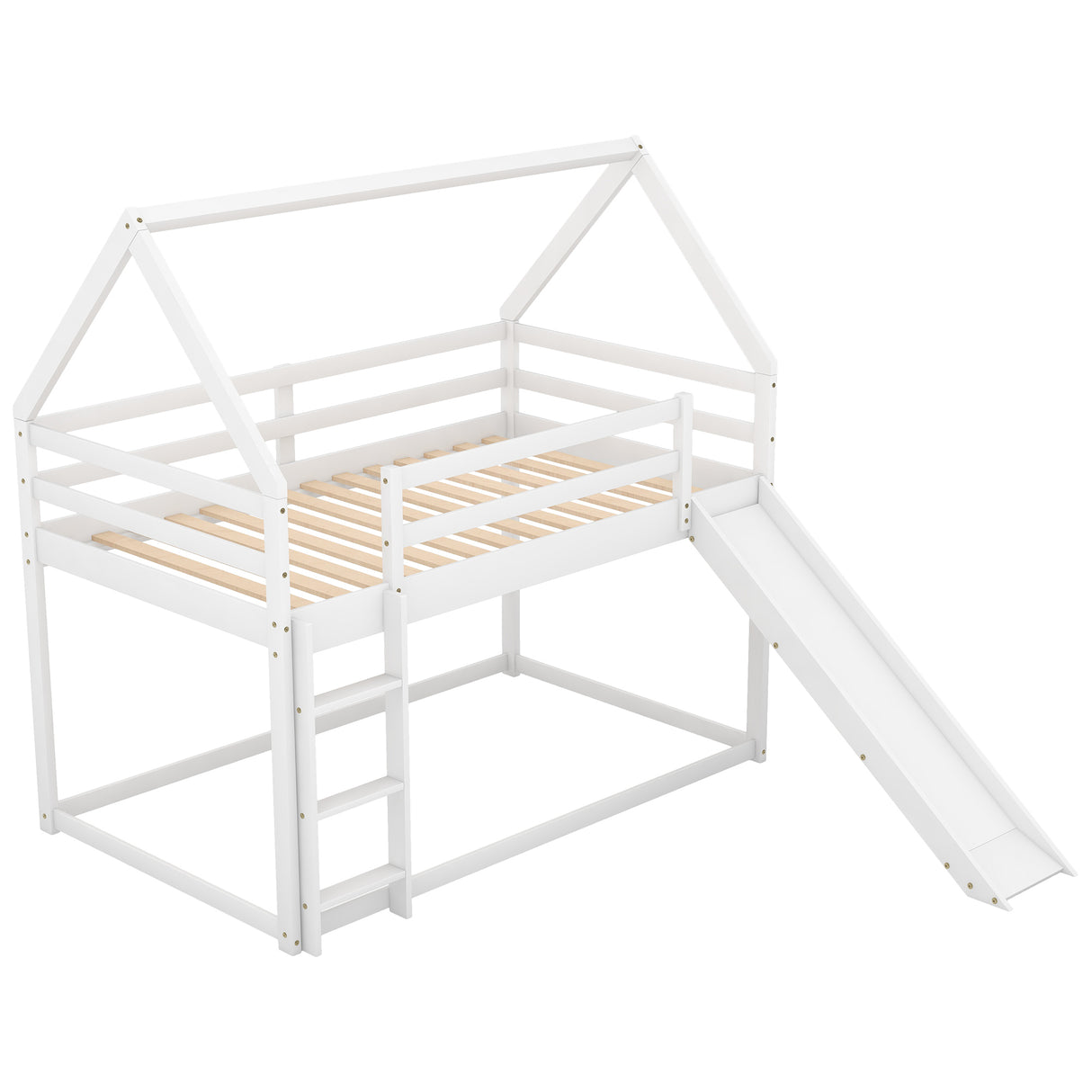 Twin Size Bunk House Bed with Slide and Ladder,White - Home Elegance USA