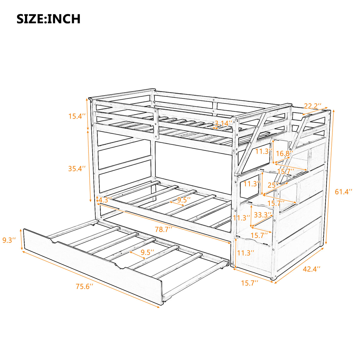 Twin-Over-Twin Bunk Bed with Twin Size Trundle and 3 Storage Stairs,Walnut (OLD SKU :LP000064AAD) - Home Elegance USA