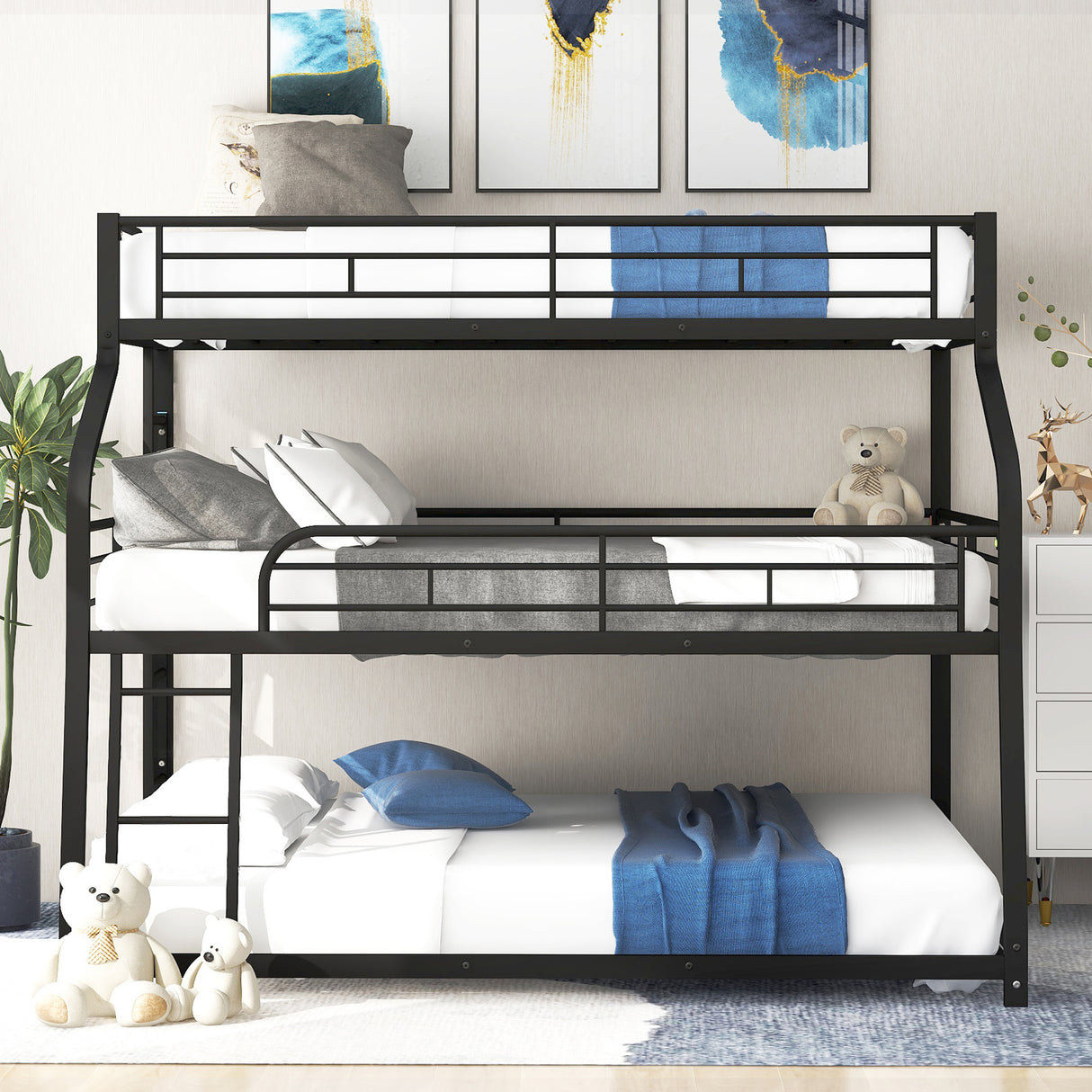 Twin XL/Full XL/Queen Triple Bunk Bed with Long and Short Ladder and Full-Length Guardrails,Black - Home Elegance USA