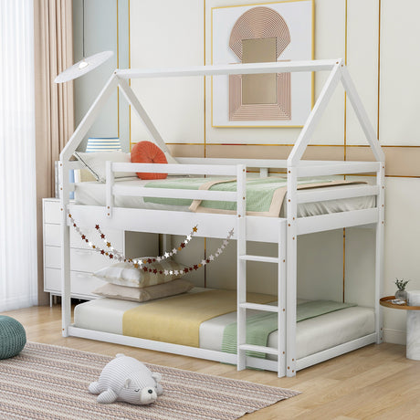 Twin over Twin Low Bunk Bed, House Bed with Ladder , White(OLD SKU:WF197808AAK) - Home Elegance USA