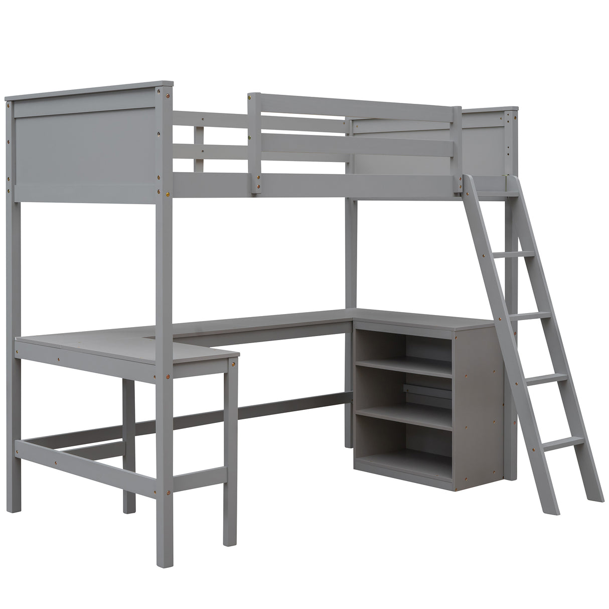 Twin size Loft Bed with Shelves and Desk, Wooden Loft Bed with Desk - Gray(OLD SKU:LT000537AAE) - Home Elegance USA