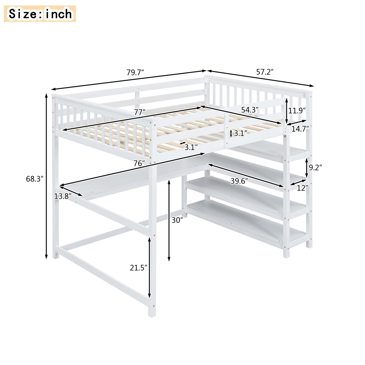 Full Size Loft Bed with Storage Shelves and Under-bed Desk, White - Home Elegance USA