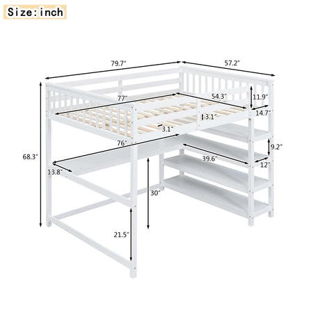 Full Size Loft Bed with Storage Shelves and Under-bed Desk, White - Home Elegance USA