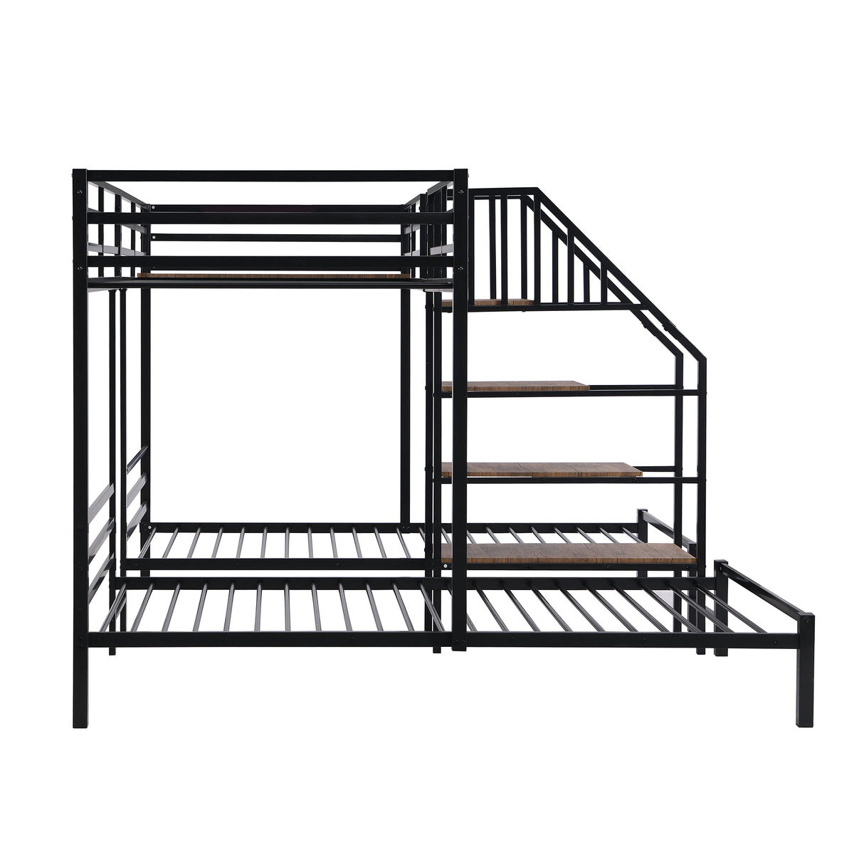 Metal Twin over Twin & Twin Bunk Bed, Triple Bunk Bed with Storage Shelves Staircase, Black - Home Elegance USA