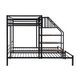 Metal Twin over Twin & Twin Bunk Bed, Triple Bunk Bed with Storage Shelves Staircase, Black - Home Elegance USA