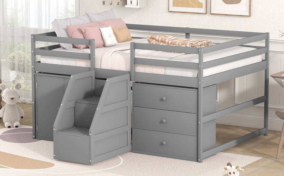 Full Size Functional Loft Bed with Cabinets and Drawers, Hanging Clothes at the back of the Staircase, Gray - Home Elegance USA