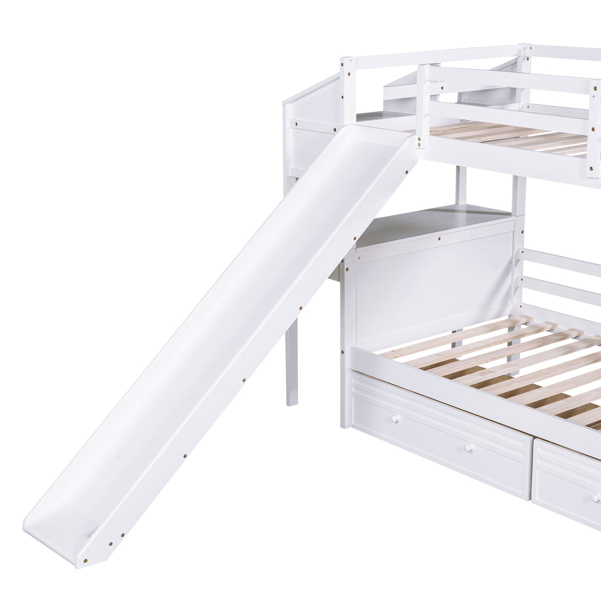 Twin over Twin Bunk Bed with Storage Staircase, Slide and Drawers, Desk with Drawers and Shelves, White - Home Elegance USA