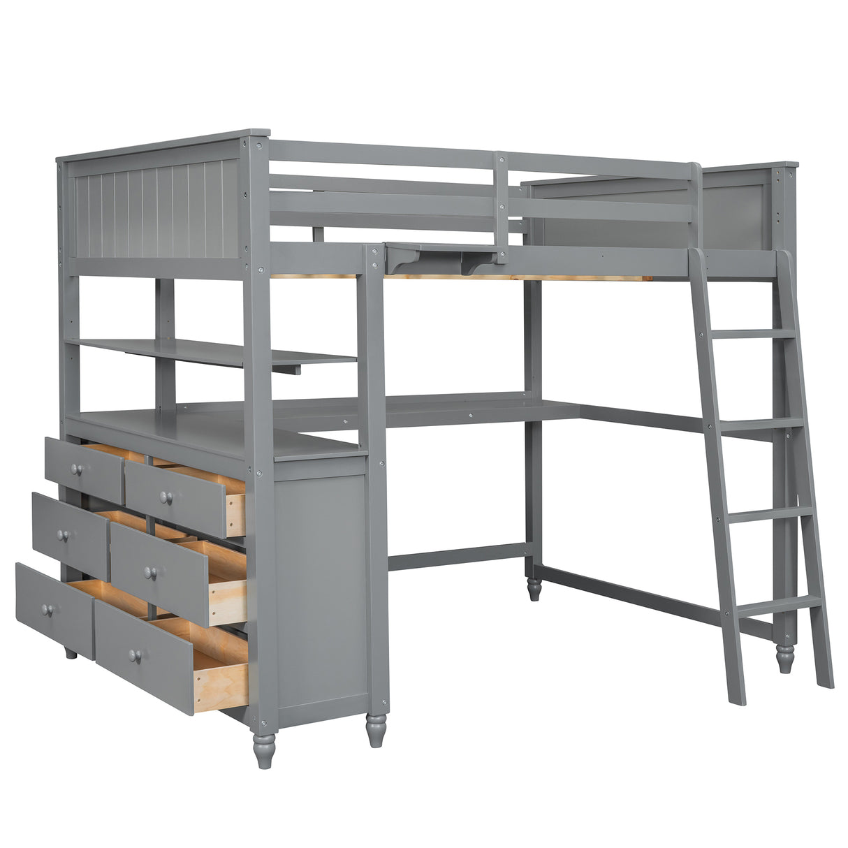 Full size Loft Bed with Drawers and Desk, Wooden Loft Bed with Shelves - Gray(OLD SKU:LT000529AAE) Home Elegance USA