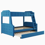 Twin over Full Upholstered Bunk Bed with Trundle and Ladder,Tufted Button Design,Blue - Home Elegance USA