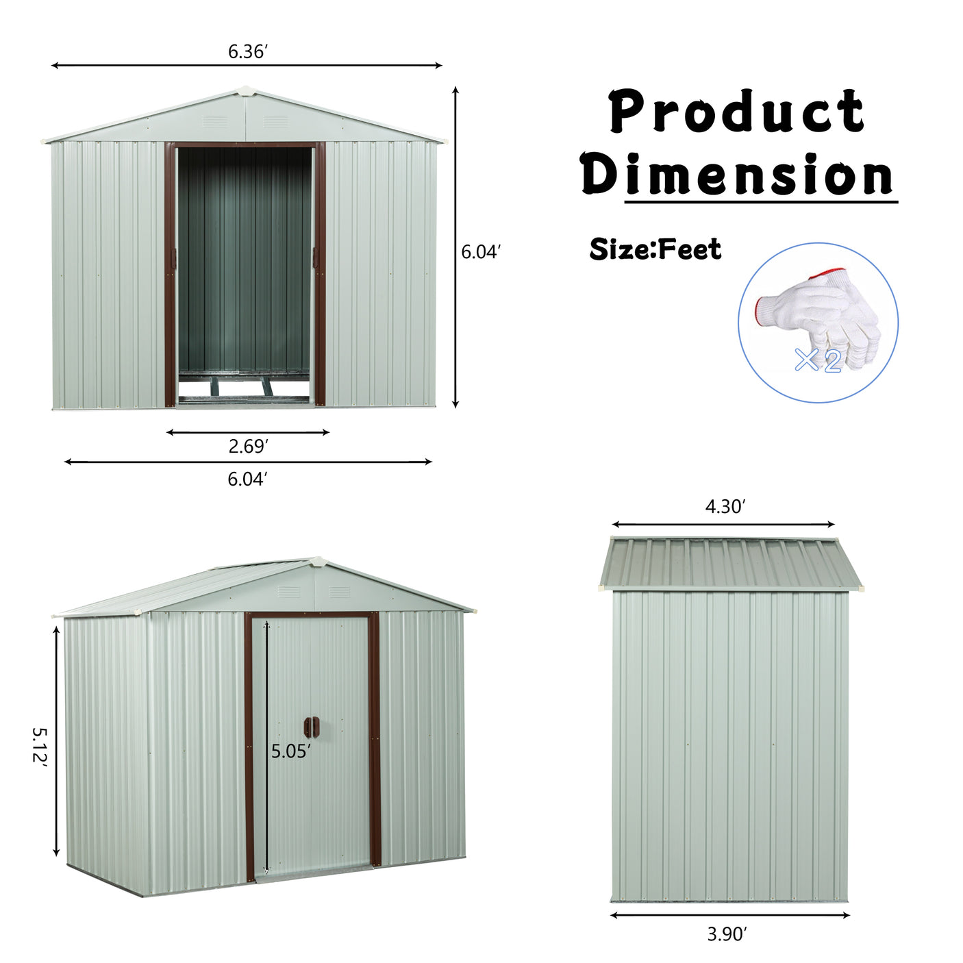 RY-SDYX56-W 6ft x 5ft Outdoor Metal Storage Shed White
