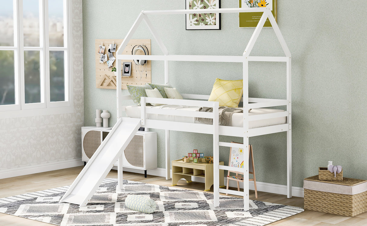 Twin Loft Bed with Slide, House Bed with Slide,White(OLD SKU :WF286245AAK) - Home Elegance USA