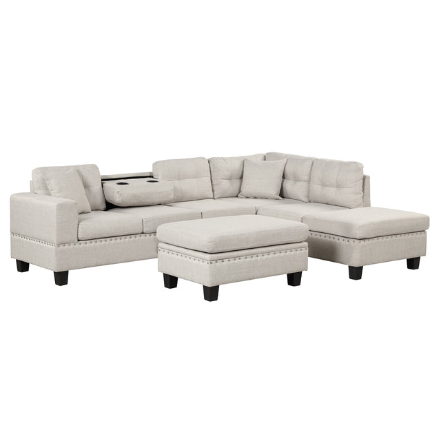 104.5" Modern Sectional Sofa with Storage Ottoman, L - Shape Couch with 2 Pillows and Cup Holder,Sectional Sofa with Reversible Chaise for Living Room,Light Gray | Home Elegance USA