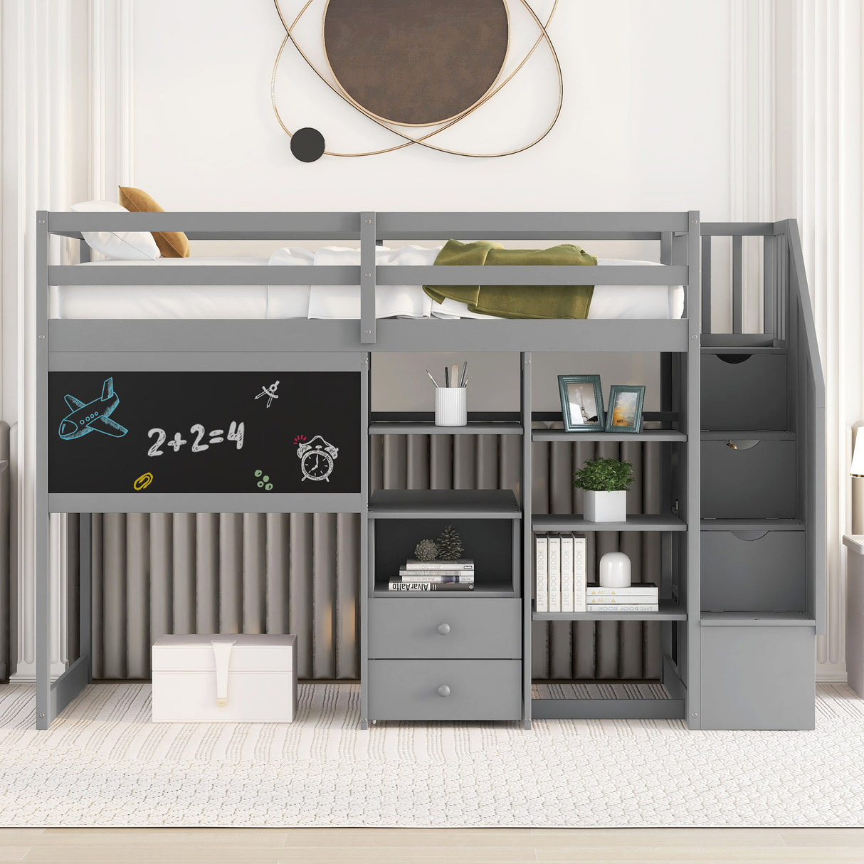 Twin Size Loft Bed with Pullable Desk and Storage Shelves,Staircase and Blackboard,Gray - Home Elegance USA