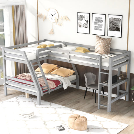 L-Shaped Twin over Full Bunk Bed and Twin Size Loft Bed with Built-in Desk,Gray - Home Elegance USA